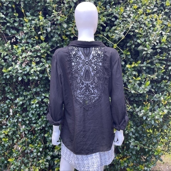 Cato Black Lace Semi Sheer Long Button Down Blouse - Picture 1 of 10